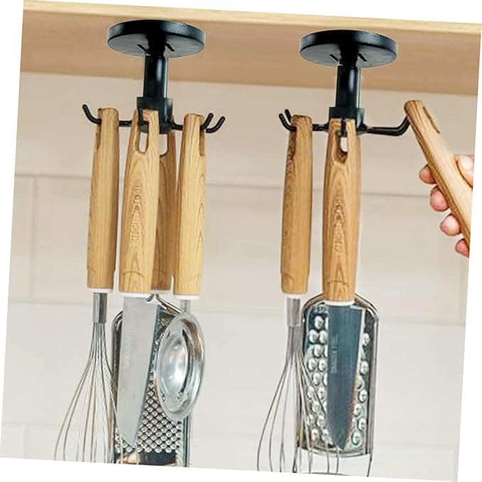 Healifty 3pcs Rotating Kitchen Hooks Utensil Hanger Set for Hanging Cooking Tools Under Cabinet Black Utility Organizer Storage