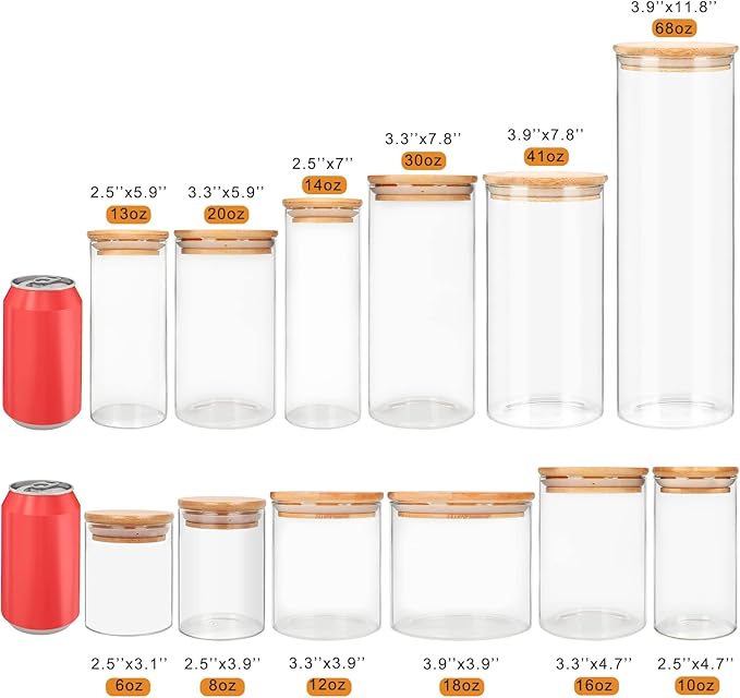 Glass Food Storage Containers Jars with Airtight Bamboo Lid 20 oz 9 pcs, 590 ml Pantry Organization Jar, Glass Terrarium with Lid, Spice, Flour and Sugar Container, Canister Set for Kitchen Counter