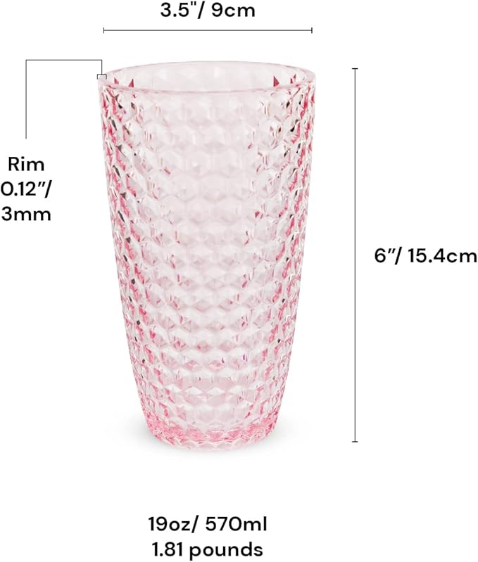 BELLAFORTE Shatterproof Tritan Plastic Tall Tumbler, Set of 4, 19oz - Laguna Beach Drinking Glasses - Unbreakable Tritan Drinking Glasses for Parties - BPA Free - Pink