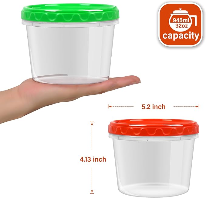 EONJOE 32oz Plastic Containers with Lids,Reusable Freezer Meal Prep Food Leftover Storage Jars Bowls Stackable,12-pack