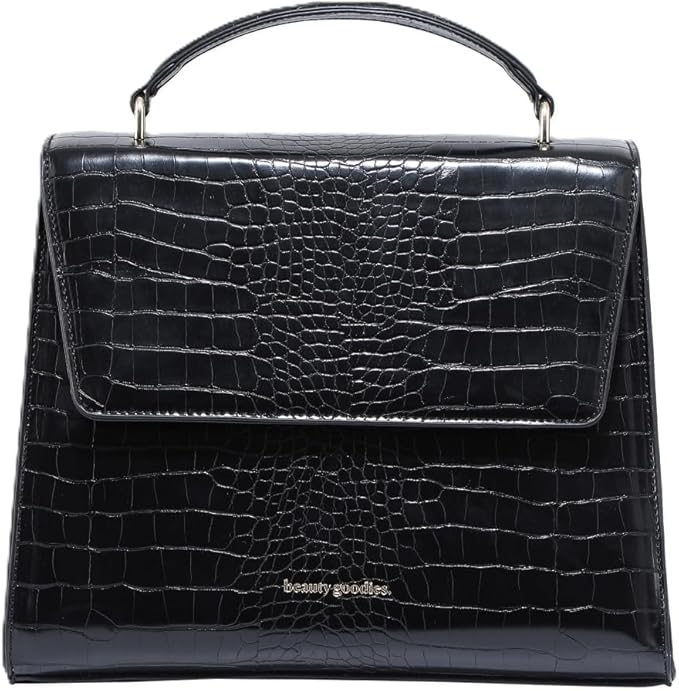 BEAUTYGOODIES - Large Insulated Lunch Bag, Black Croc Purse and Bag for Work, Lunch and Picnics. Designer Croc with Vegan Leather, Classy, Insulated Lunch Tote Bag for Women. Cute and a Great Gift !