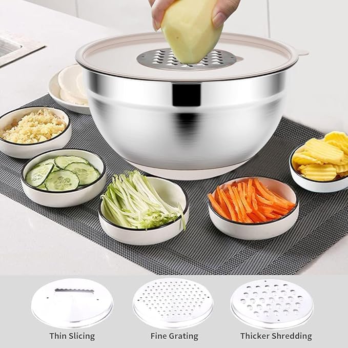 Rottay Mixing Bowls Set with Airtight Lids: 20PCS Stainless Steel Nesting Bowls - Size 7, 4, 3, 2, 1.5, 1QT Bowls with 3 Grater Attachments & Non-Slip Bottoms for Baking & Prepping