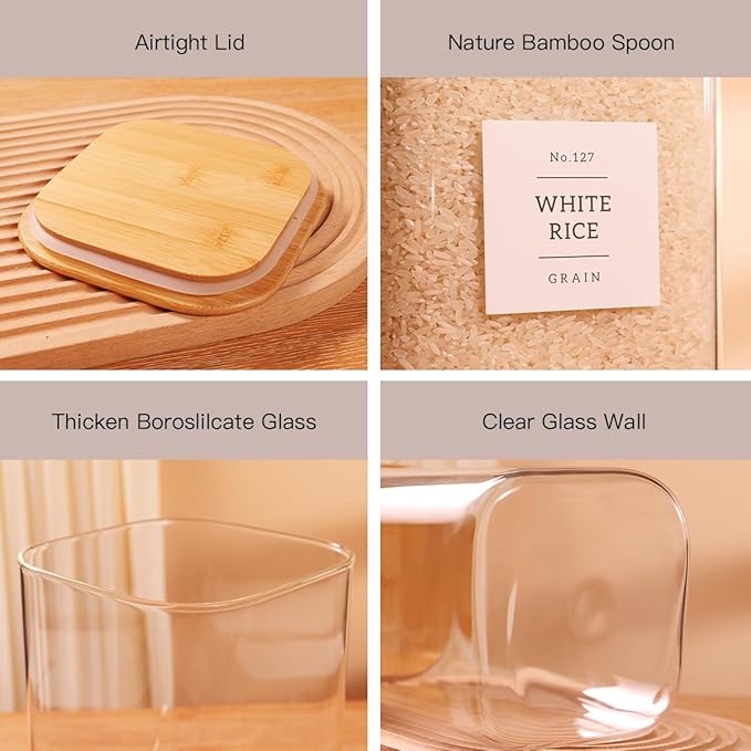 2 Pack Square Glass Flour and Sugar Containers with 132 Kitchen Pantry Labels - Thicken 120 FL OZ Large Glass Storage Jars with Airtight Bamboo Lid - Big Food Canisters for Cookies, Rice, Coffee