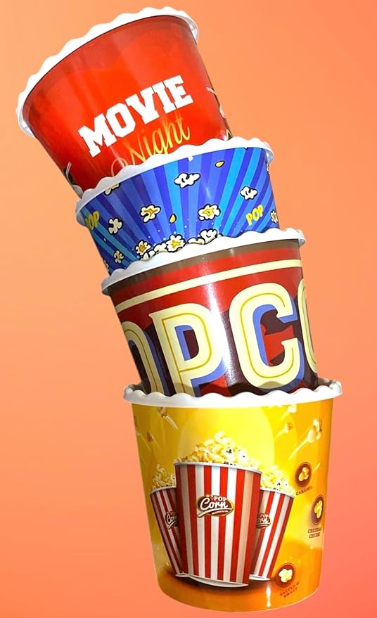 Modern Style Reusable Plastic Popcorn Box/Popcorn Containers/Popcorn Bowls Set for Movie Theater Night - (BPA Free - 4 Pack - 75 oz) (Popcorn Mix C)