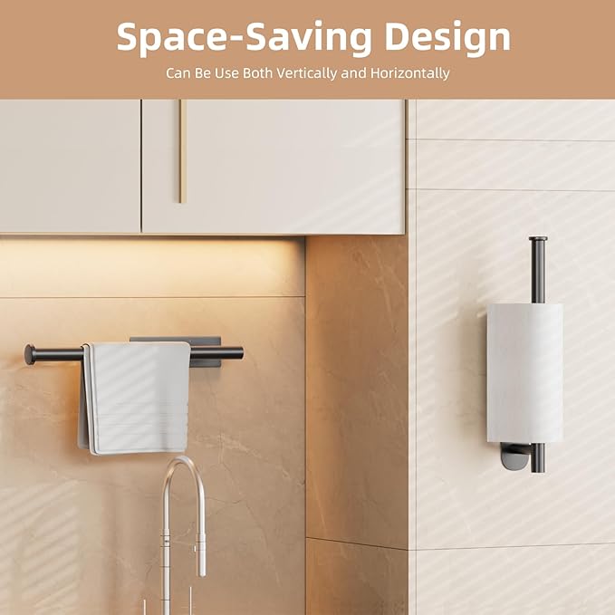 2 Pack Paper Towel Holder, Improved Paper Towel Holder Under Cabinet, Stainless Steel Paper Towel Holders Bar Rack with Self Adhesive and Screws for Kitchen, Bathroom, RV, Black