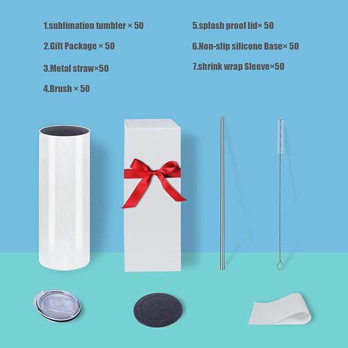 50 Pack 20oz Sublimation Tumblers Bulk With Flat Edge, 20OZ Flat Sublimation Tumbler Blank, Skinny Straight Stainless Steel Blanks Cups with Individual Box (50, 20OZ Flat Edge)