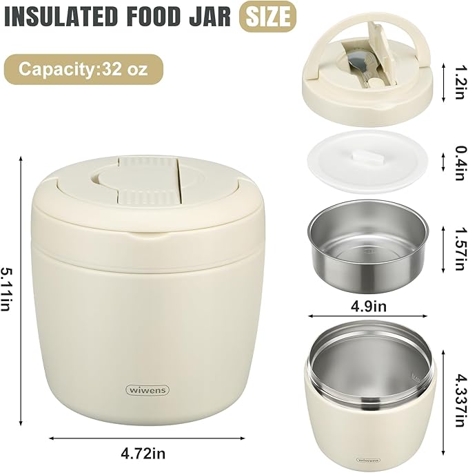 wiwens Thermo Food Jar for Hot Food Adults 32OZ Soup Thermo Lunch Containers Wide Mouth Vacuum Insulated Stainless Steel Leakproof Bento Box with Spoon (Beige)