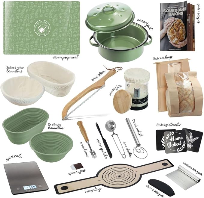 CraftZee All-Inclusive 𝗣𝗥𝗘𝗠𝗜𝗨𝗠 Sourdough Starter Kit with Pot, 34 Oz Starter Jar, 4 Banneton Bread Proofing Baskets, Scraper, Scale, Sourdough Bread Baking Supplies, Beginner Guide & Recipes