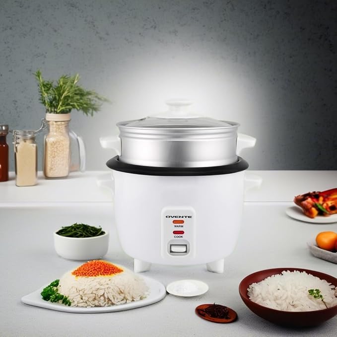 OVENTE Electric Rice Cooker and Food Steamer – 10-Cup Cooked Capacity (5 Cups Uncooked), Nonstick Removable Pot, Keep Warm Function, Steaming Basket, Measuring Cup & Spatula Included, White RCS01W