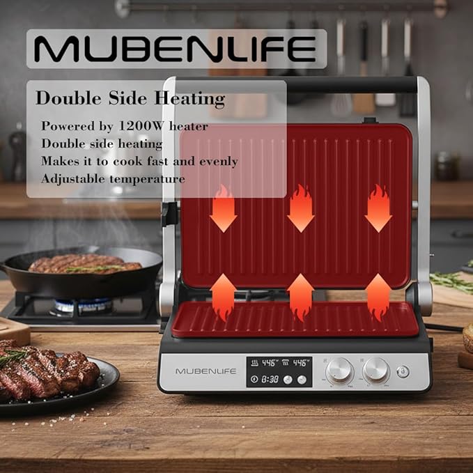 Panini Press,4 Slices Contact Grill with Removable Non-Stick Coated Grill and Flat Plates,Panini Makers with Temperature Control and Timer,Open 180 Degrees,Grill and Griddle (Silver with digital)
