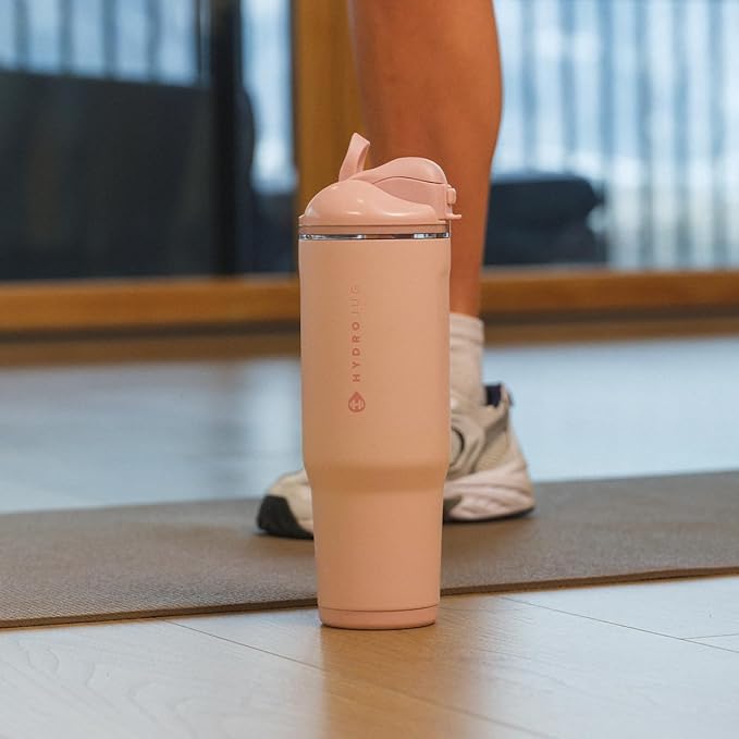 HydroJug Ease2o Water Bottle with Straw & Chug Lid, Stainless Steel, Vented Cap to Help Reduce Pressure, Water-Level Window, Cup Holder Friendly, Non-Slip Base – 32oz, Dusty Rose