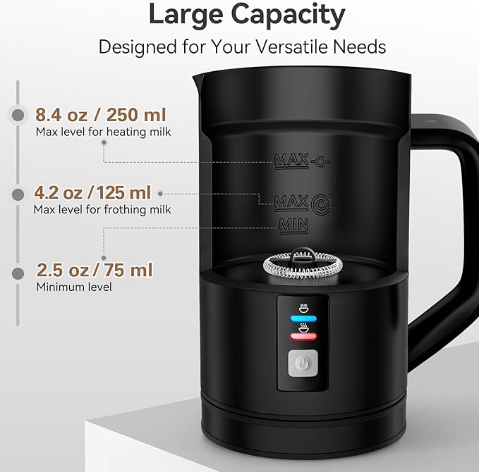 Secura 𝗠𝗶𝗹𝗸 𝗙𝗿𝗼𝘁𝗵𝗲𝗿, Electric Milk Steamer Stainless Steel, 8.4oz/250ml Automatic Hot and Cold Foam Maker and Milk Warmer for Latte, Macchiato (Black)