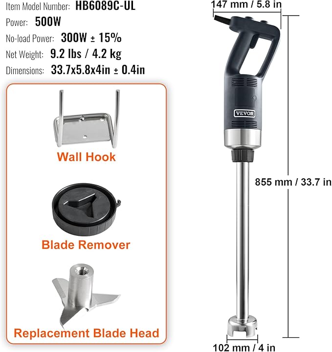 VEVOR Commercial Immersion Blender, 500 Watt 20Inch Heavy Duty Hand Mixer, Variable Speed Mixer with 304 Stainless Steel Blade, Multi-Purpose Portable Mixer for Soup, Smoothie, Puree, Baby Food