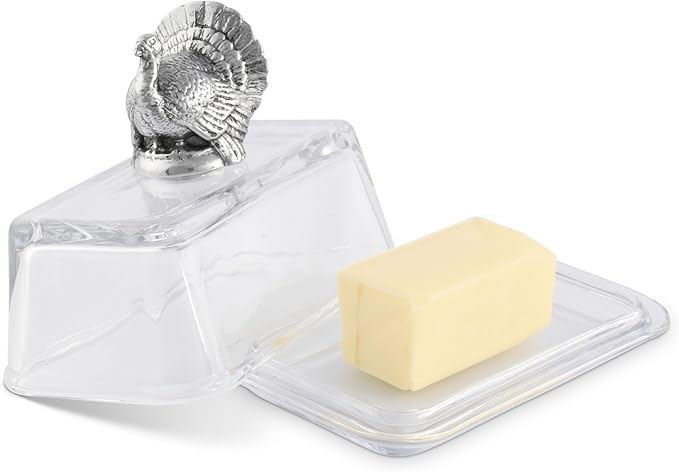Arthur Court Glass Butter Dish with Lid Turkey Knob | Classic 2-Piece Design Covered Butter Keeper | Covers and Holds a Standard Stick of Butter | Thanksgiving Table