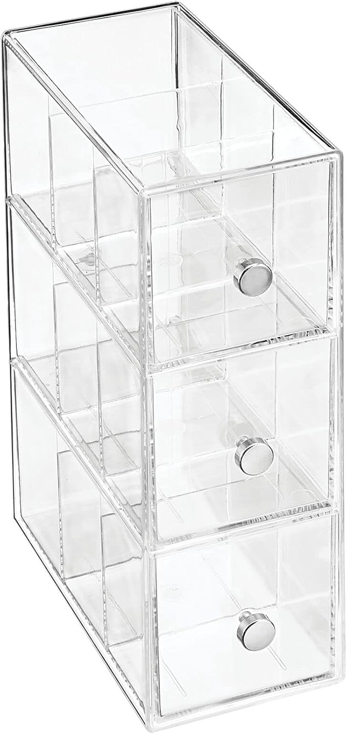 mDesign Plastic Kitchen Pantry, Cabinet, Countertop Organizer Storage Station with 3 Drawers for Coffee, Tea, Sugar Packets, Sweeteners, Creamers, Drink Pods, Packets - 3 Sections - Clear