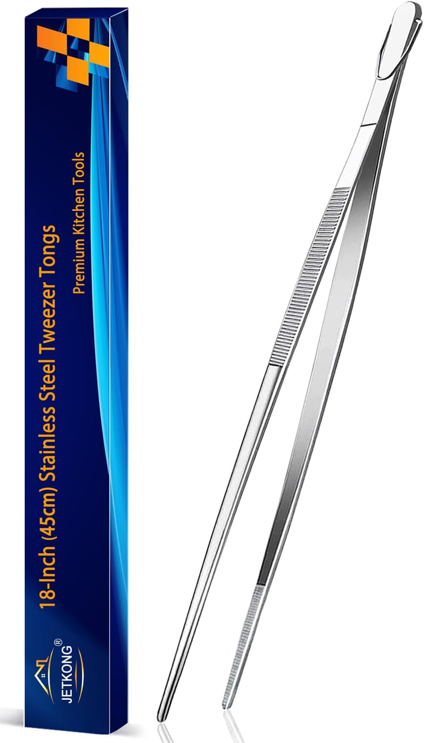 JETKONG 18 Inch (45cm) Extra Long Grill Tongs, Heavy Duty Stainless Steel Tweezer Tongs for Cooking, Grilling, Barbecue/BBQ, Buffet and Turning Food (Point Tips)
