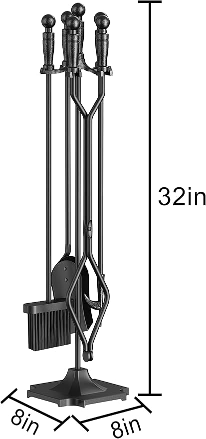 Fire Beauty Fireplace Tools Set 5 Pieces Wrought Iron Fireset Woodstove Log Tongs Holder Fire Kit Setwith Pedestal Place(32 Inches)