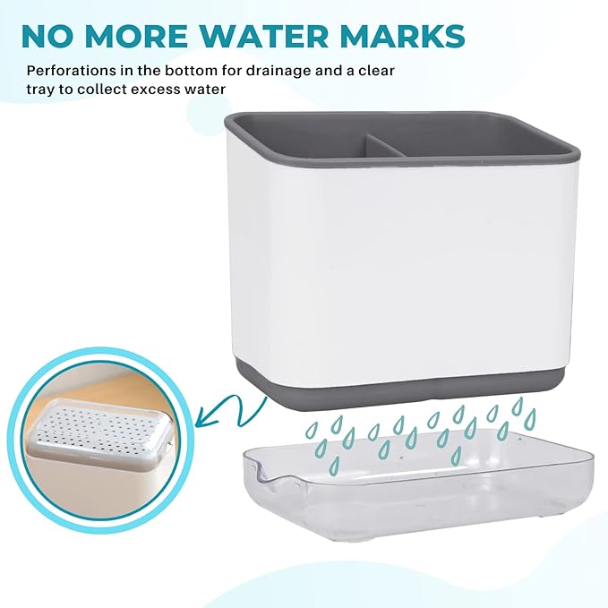 KeFanta Sink Counter Caddy, Plastic Dish Sponge Holder, Kitchen Brush and Scrubber Organizer with Drain Tray, White