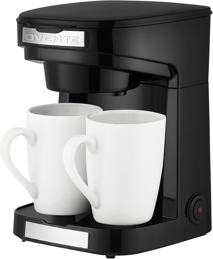 OVENTE Double Drip Coffee Maker with 2 Ceramic Mugs and Auto Shut Off, Small Dual Drip Coffee Maker Machine Works with Ground Coffee Only, Compact Kitchen or Office Essential, Black CMDD2MB