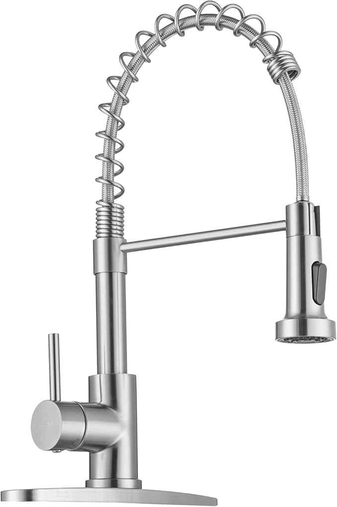 WEWE Kitchen Faucets, Brushed Nickel Kitchen Faucet with Pull Down Sprayer, Industrial Spring Single Handle Stainless Steel Kitchen Sink Faucet with Deck Plate, 1 Hole or 3 Hole for Laundry Rv