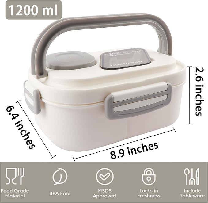 Adults Bento Lunch Box,Salad Container Large 43oz Salad Bowl, Bento-Style Tray for Toppings, 3oz Sauce Container for Dressings, and Built-In Reusable Fork (White)