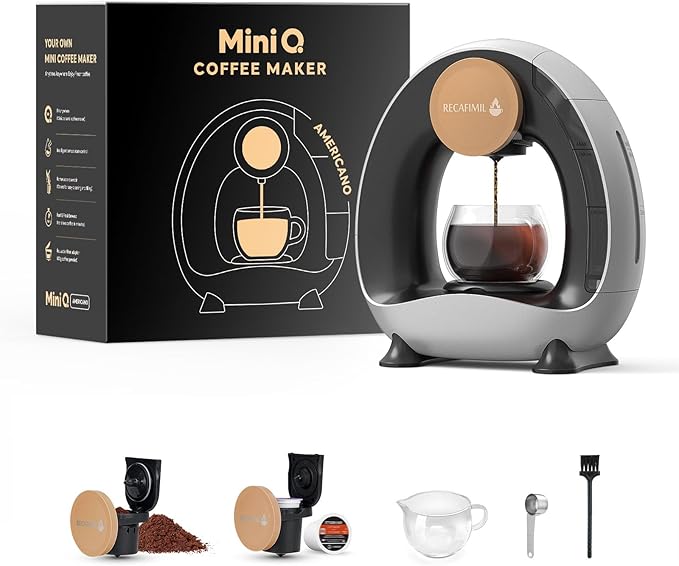 RECAFIMIL MINI Q 2-in-1 Single Serve Coffee Maker - Brew K-Cups or Ground Coffee (4-8 oz) - Compact Americano Coffee Brewer with Reusable Filter (Grey)