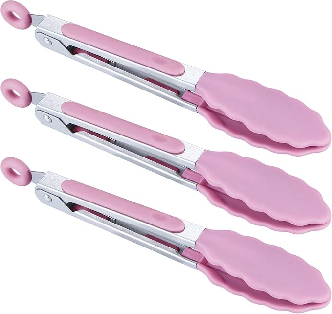 MSY BIGSUNNY Kitchen Food Tongs - 7" Mini Silicone Serving Tongs - Set of 3 (Pink)