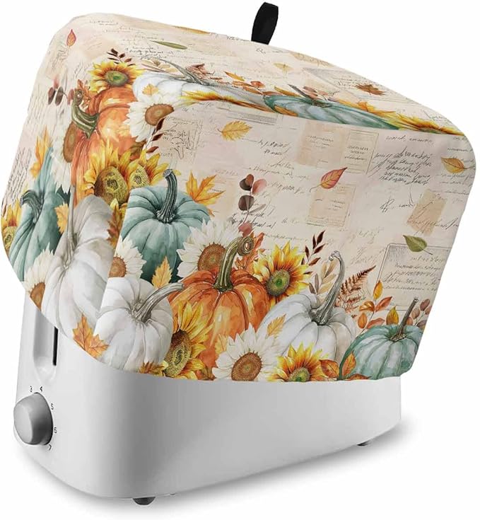 Green Orange Pumpkins Fall Toaster Cover 2 Slice, Thanksgiving Sunflower Dustproof Bakeware Oven Protector with Top Hook, Vintage Waterproof Small Kitchen Appliance Toasters Dust Cover, 12"x7.5"x8"