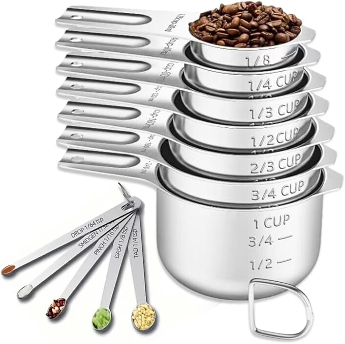 12PCS Measuring Cups and Spoons Set, 7 Stainless Steel Nesting Measuring Cups & 5 Mini Measuring Spoons for Cooking Baking, Dry and Liquid Ingredients Measurement
