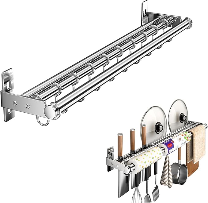 Hanging Wall Mount knife Wall Mount, Kitchen Organizer Storage Shelf for Utensils Spatula Spoon, Space-Saving Knife Rack with Hooks,Wall-Mounted Utensil Holder (Silver, 40CM+Three Poles+6Hooks)