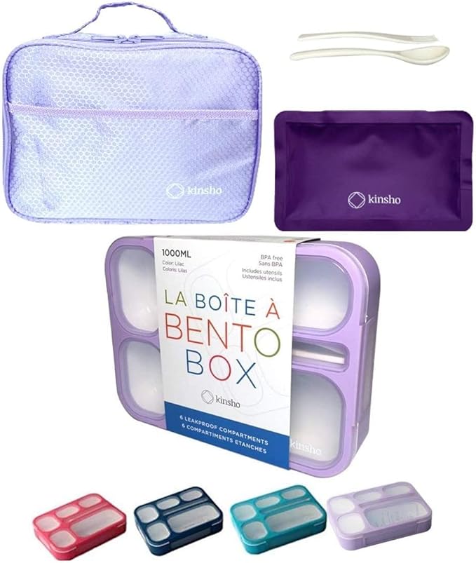 kinsho Lunch Boxes for Boys Teens Adults - Bento Box Set with Insulated Bag and Ice Pack, 6 Compartment Leak Proof Food Container, BPA-Free, Microwave Safe, Ideal for School & Work, Purple