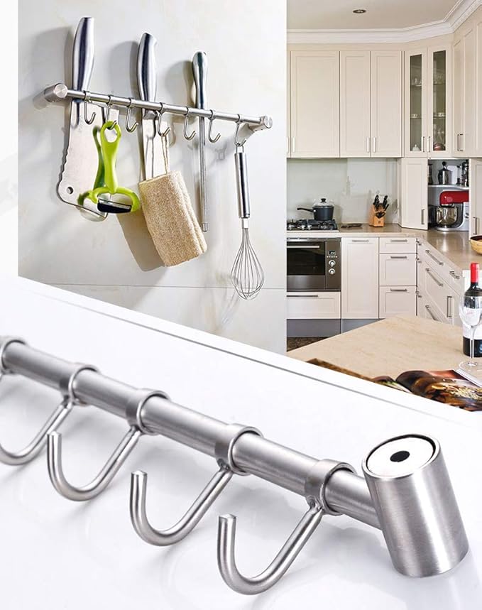 304 Stainless Steel Kitchen Utensil Racks with 7 Sliding Hooks Hangers Wall Mounted 15"