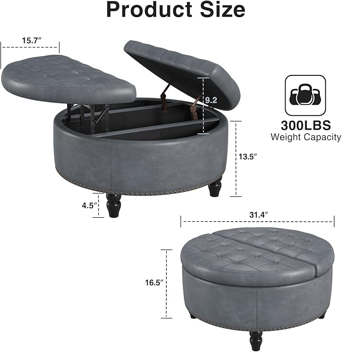 30 Inch Large Round Ottoman with Storage, Modern Leather Ottoman Coffee Table with Lift Top, Upholstered Button Tufted Footrest Stool Toy Blanket Storage for Living Room, Gray
