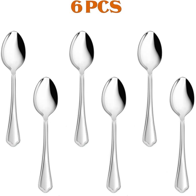 Dinner Spoons Set of 6, E-far 7.9 Inch Stainless Steel Soup Spoons Tablespoons for Home, Kitchen or Restaurant, Non-toxic & Mirror Polished, Scalloped Edge & Dishwasher Safe