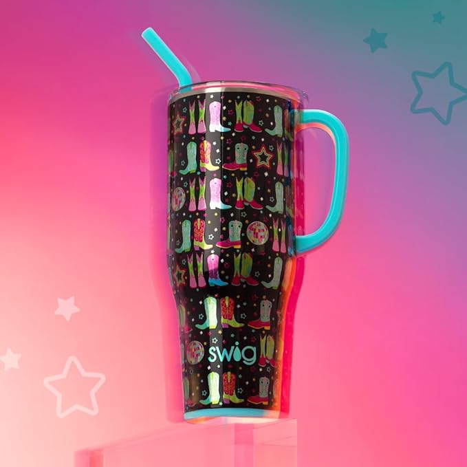 Swig Life 40oz Mega Mug, 40 oz Tumbler with Handle and Straw, Cup Holder Friendly, Dishwasher Safe, Extra Large Insulated Tumbler, Stainless Steel (Disco Cowgirl)