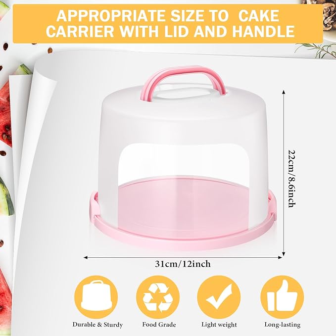 Baderke 10 Inch Round Cake Carrier with Lid and Handle - Two Sided Cake Holder & Box for Transport, Pie, Cupcake(Pink)