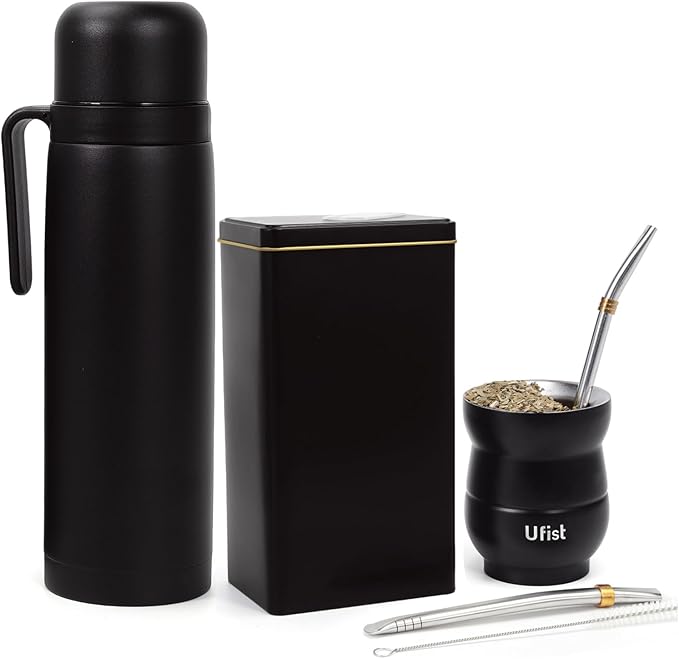 Yerba Mate Set with 34 oz Insulated Bottle, 4.8oz Gourd Cup, Bombilla Straws, Tea Container(500g), Stainless Steel (Uruguay)