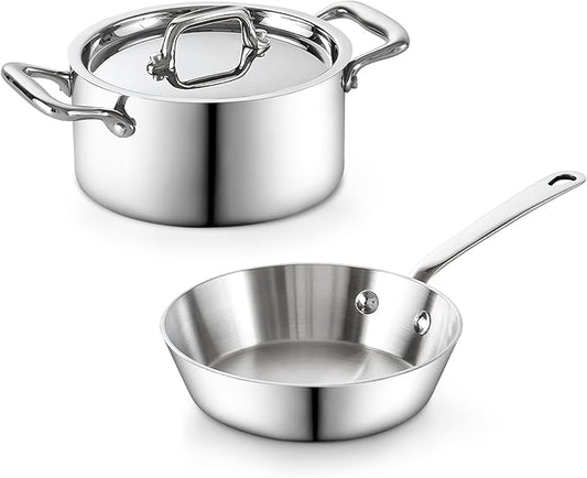 Cooks Standard Multi-Ply Clad Stainless Steel Butter Warmer Set, Mini Cookware Duo Set, Stainless Steel Butter Melting Pots, Fry Pan 4.7 Inch & Casserole 0.68 Qt, Mini Pot and Pan, 3 Pieces, Silver