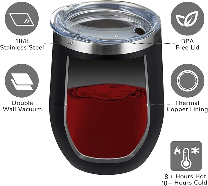 MEWAY 12OZ/8 Pack Wine Tumbler Glasses with Lid - Stemless Double Wall Vacuum Stainless Steel Travel Tumbler - Keeping Cold & Hot for Wine,Coffee,Cocktails,Drinks-Family and Gifts (Black,Set of 8)