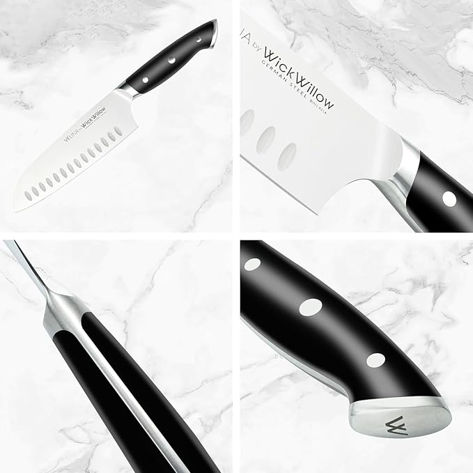 WICKWILLOW 7 Inch Santoku Knife – Razor Sharp German Steel – 7 Inch Kitchen Knife for Slicing, Dicing & Mincing – Hollow Edge & Full Tang – Gift Box – Velina Series