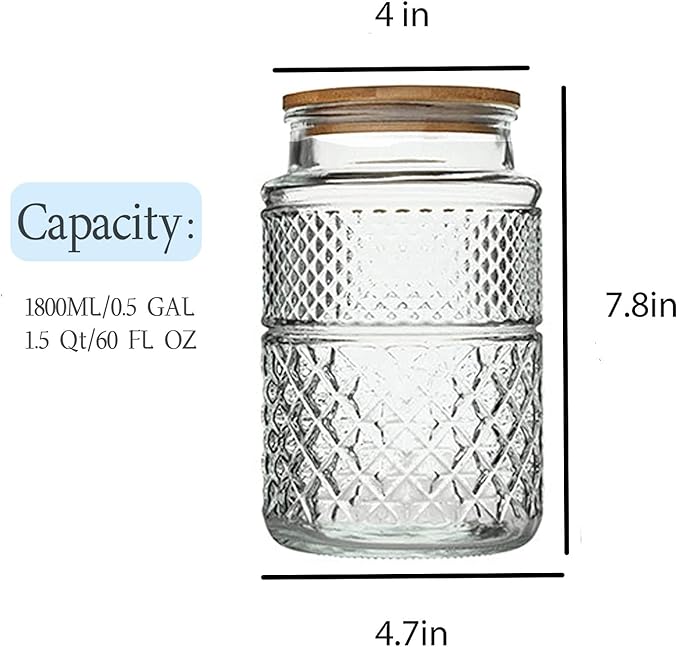 Large Glass Storage Jar, 2 Pack 60 FL OZ Glass Food Storage Containers with Bamboo Lid, Kitchen Laundry Room Organization Decorative Jar for Candy Cookies Coffee Beans Flour Nuts Airtight Glass Jars