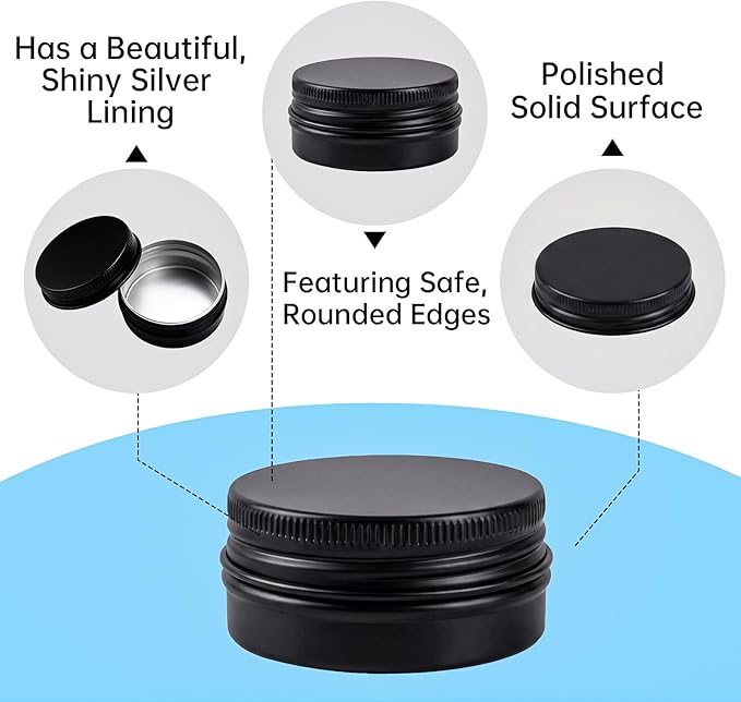 120 Pack 0.5 oz Aluminum Tin Jars with Screw Lids - Food Grade Round Metal Containers for Lip Balm, Salves, Spices & Crafts - Leak Proof Travel Cosmetic Sample Tins with Labels (15ml Black)
