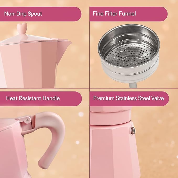 HARIRA 9 Cup Stovetop Espresso Maker Italian & Cuban Style Coffee Pot, Durable Aluminum Moka Pot with Ergonomic Handle, Rich Aromatic Brew, Pink Coffee Maker for Home or Travel