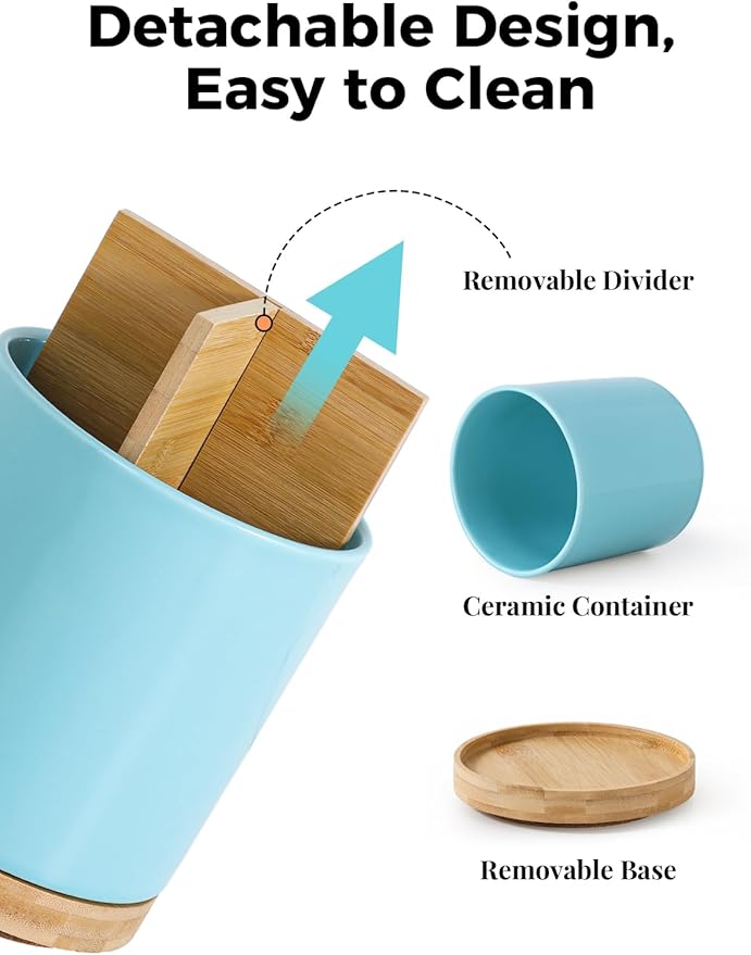 LoeJan 3 Compartment Utensil Holder, Extra Large Utensil Crock, Stable Ceramic Utensil Organizer, Cooking Tool Organizer Set for Kitchen Counter Farmhouse Decor, Turquoise