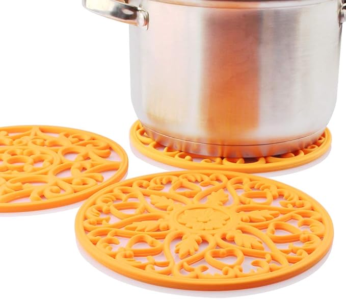 ME.FAN Trivets for Dishes/Pots/Pans, 3 Pcs Silicone Mats, Flexible/Durable/Non Slip Hot Pads to Protect Table and Counter Top (Orange)