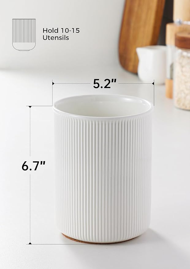LoeJan 6.7" Utensil Holder, Ceramic Kitchen Utensil Holder with Cork Bottom, Large Utensil Crock for Countertop, Vintage Cooking Tool Organizer Set for Kitchen Counter Decor(White)