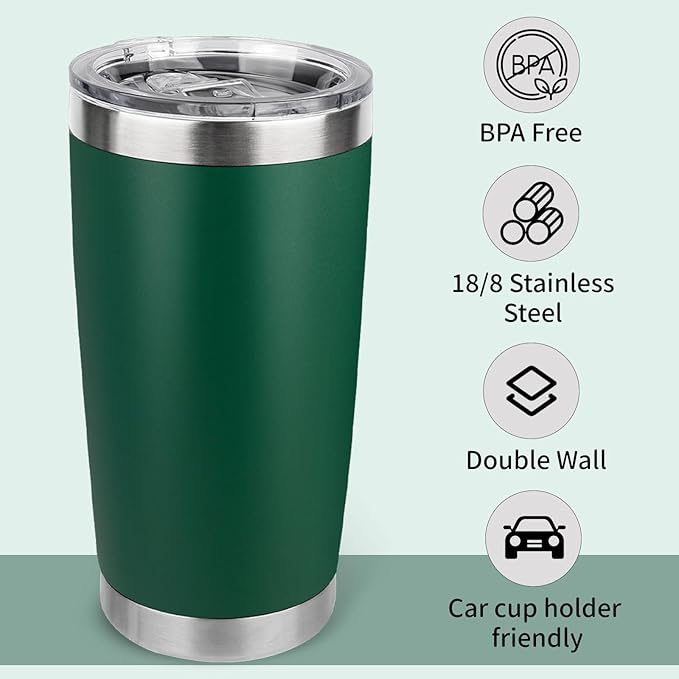 20oz Stainless Steel Tumbler with Lid, Travel Mug - Double Wall Vacuum Powder Coated Cup - Dark Green, 1 Pack