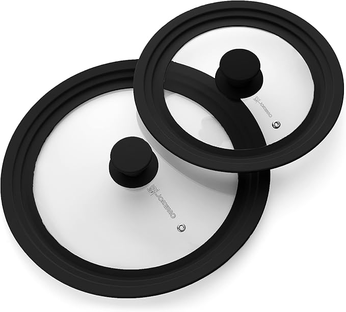 LSR Loreso Universal Pan Lid for Pots Pans and Skillets 7.5-9.5 Inch - Tempered Glass Pot Lid with Auto-Sizing Silicone Rim - Black