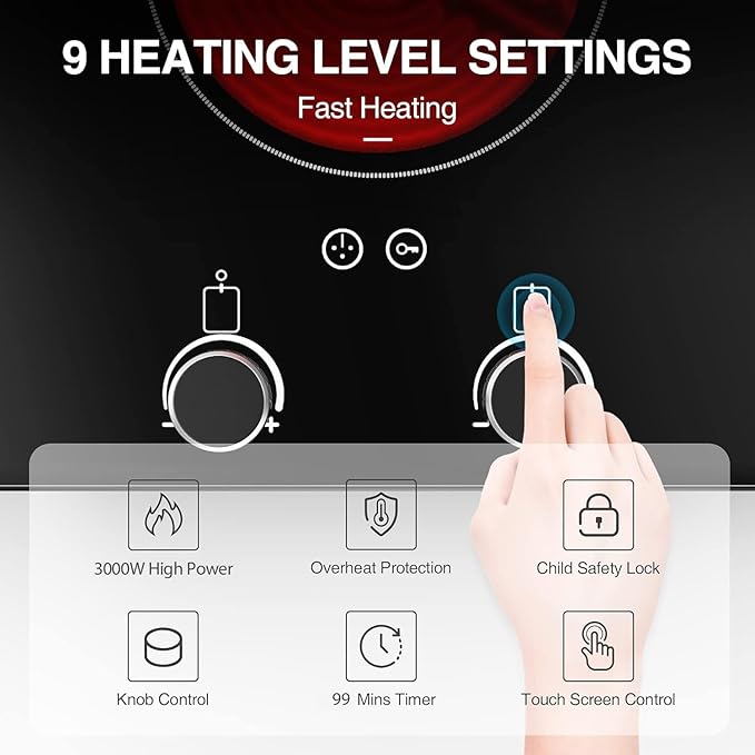 VBGK Electric Cooktop,110V 2400W Electric Stove Top with Knob Control,9 Power Levels, Kids Lock & Timer,LED touch control,Overheat Protection Electric stove,24 Inch desktop 2 burner