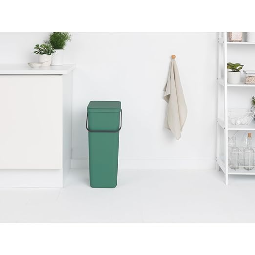 Brabantia Sort & Go Kitchen Recycling Bin | L / 10.6 Gal / 40L | Fir Green | Removable Stay-Open Lid, Carry Handle | Trash Can for Bottles, Cans, Paper, Glass | Wall Bracket Sold Separately